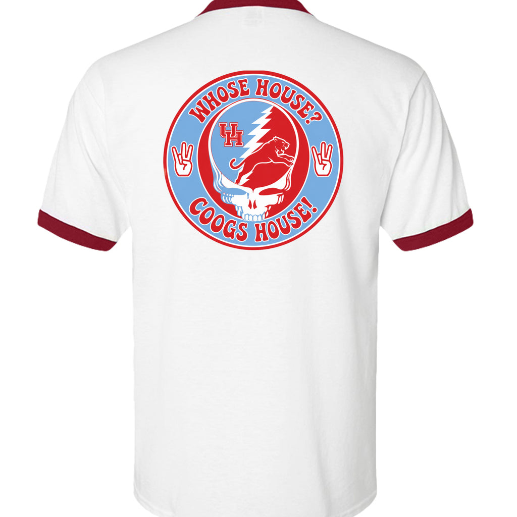 Grateful Coogs Ringer in White/Red, back view - Houston Cougars Coogs gear