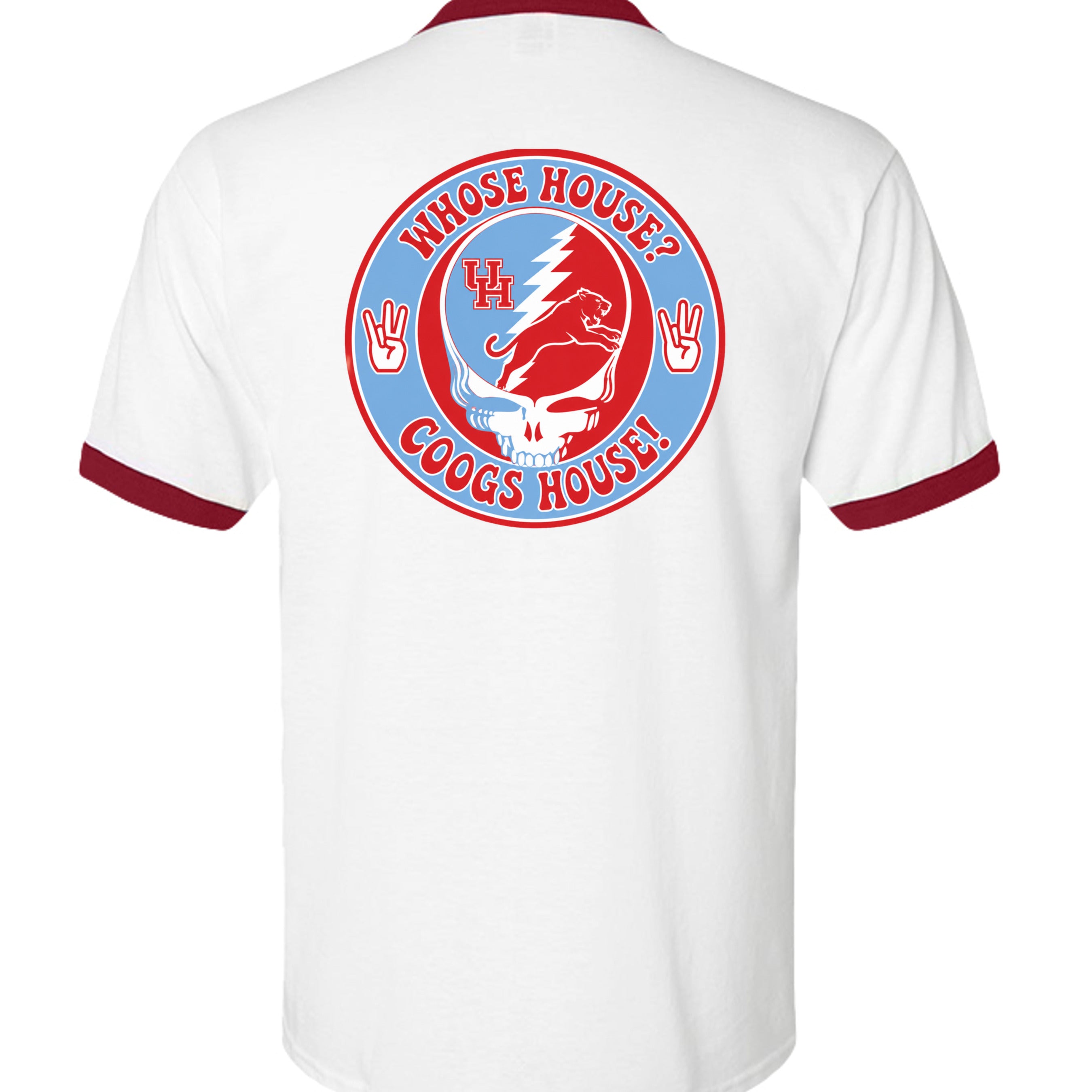Grateful Coogs Ringer in White/Red, back view - Houston Cougars Coogs gear