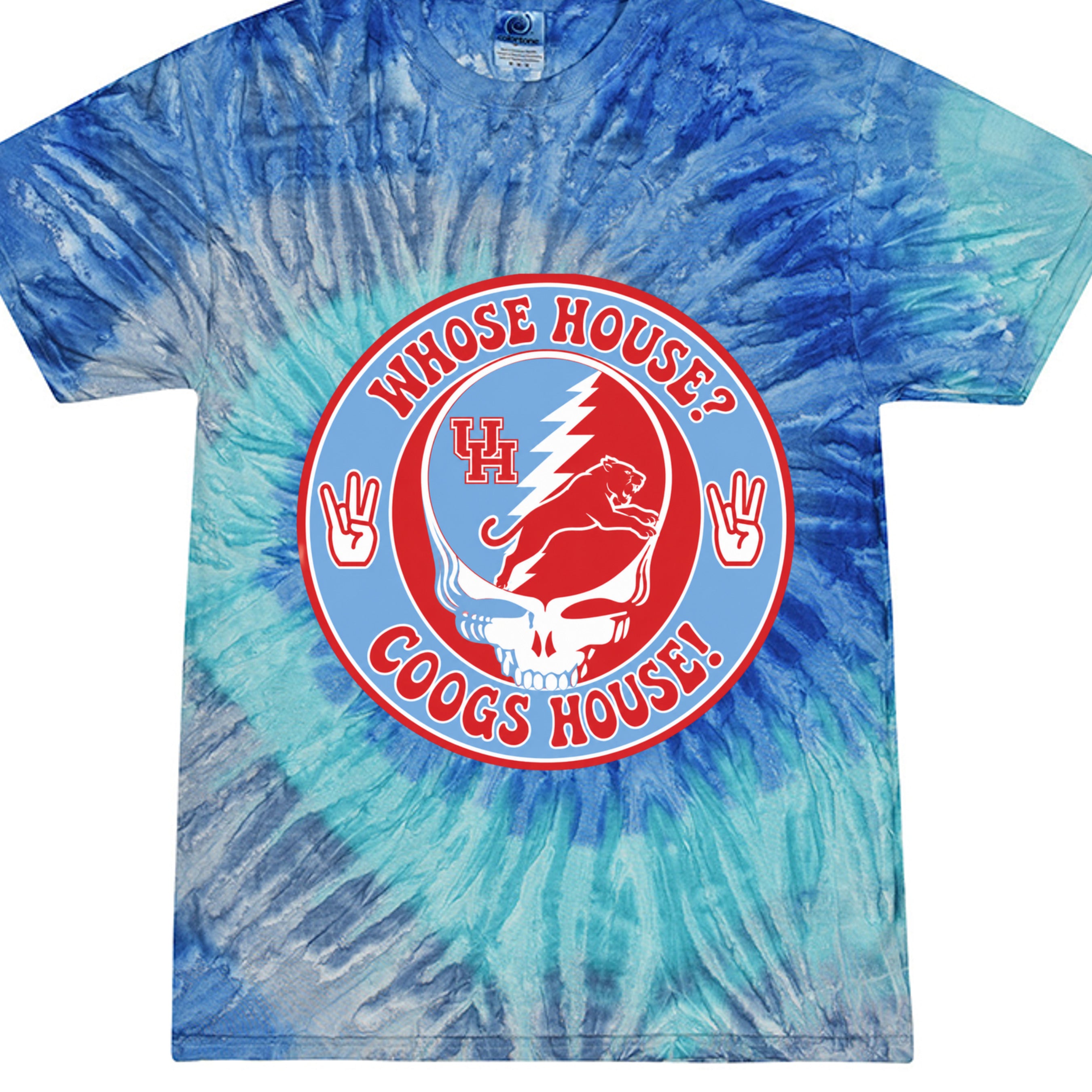 Grateful Coogs Tie Dye in Blue Jerry, front view - Houston Cougars Coogs gear